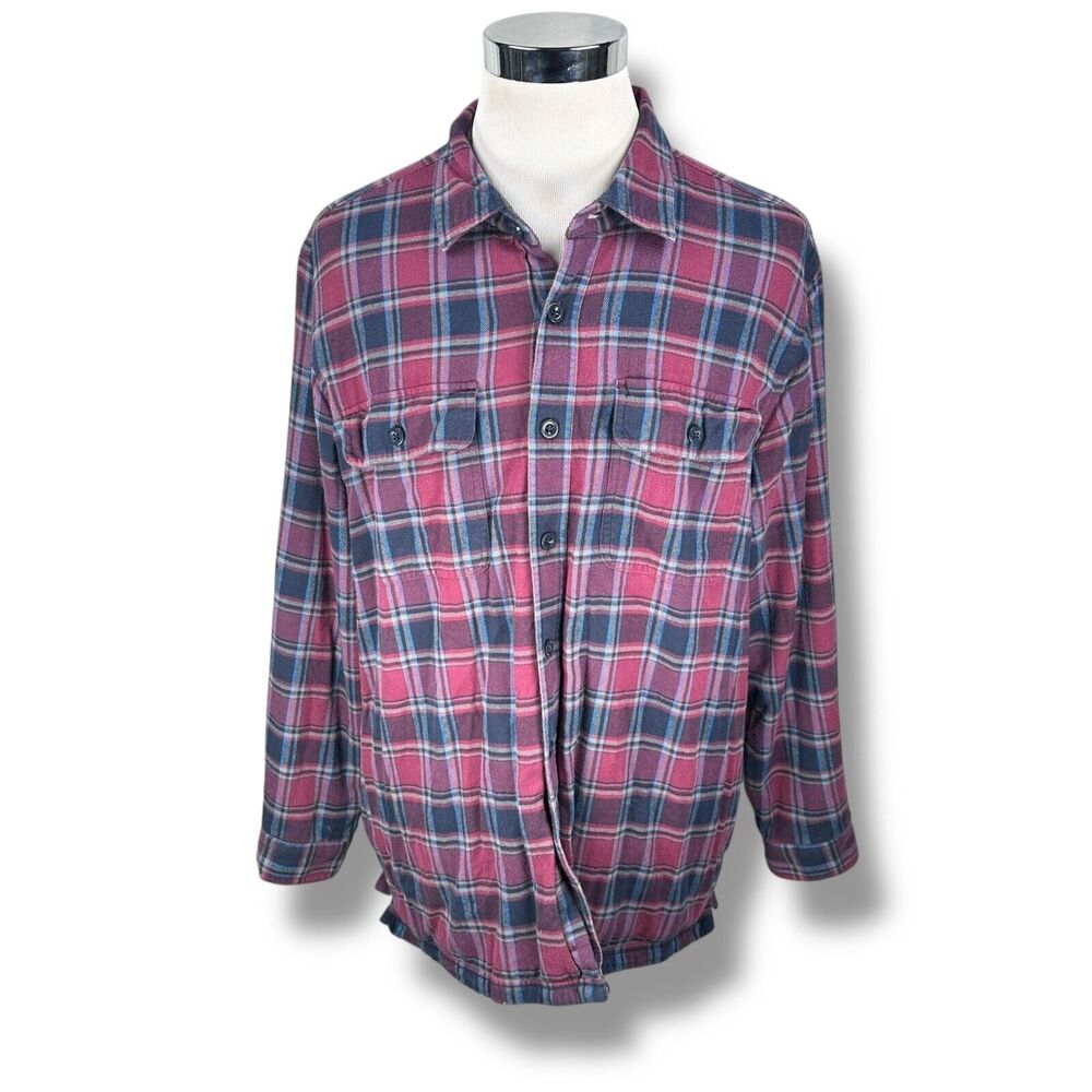 LL Bean Fleece Lined Flannel Shirt Men's XL Blue Red Plaid Long Sleeve Button Up